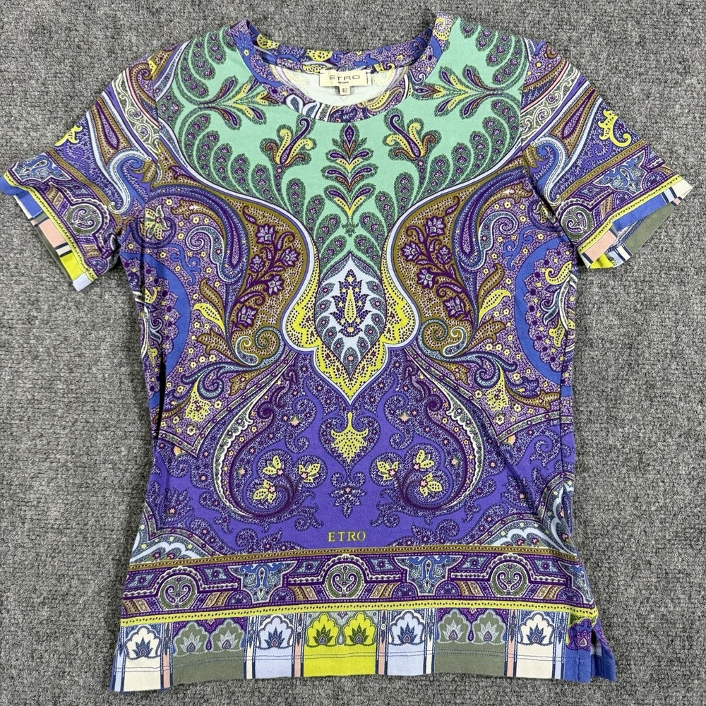 Etro T Shirt Womens 40 Small Paisley Print Cotton Stretch Jodhpur Luxury Italy